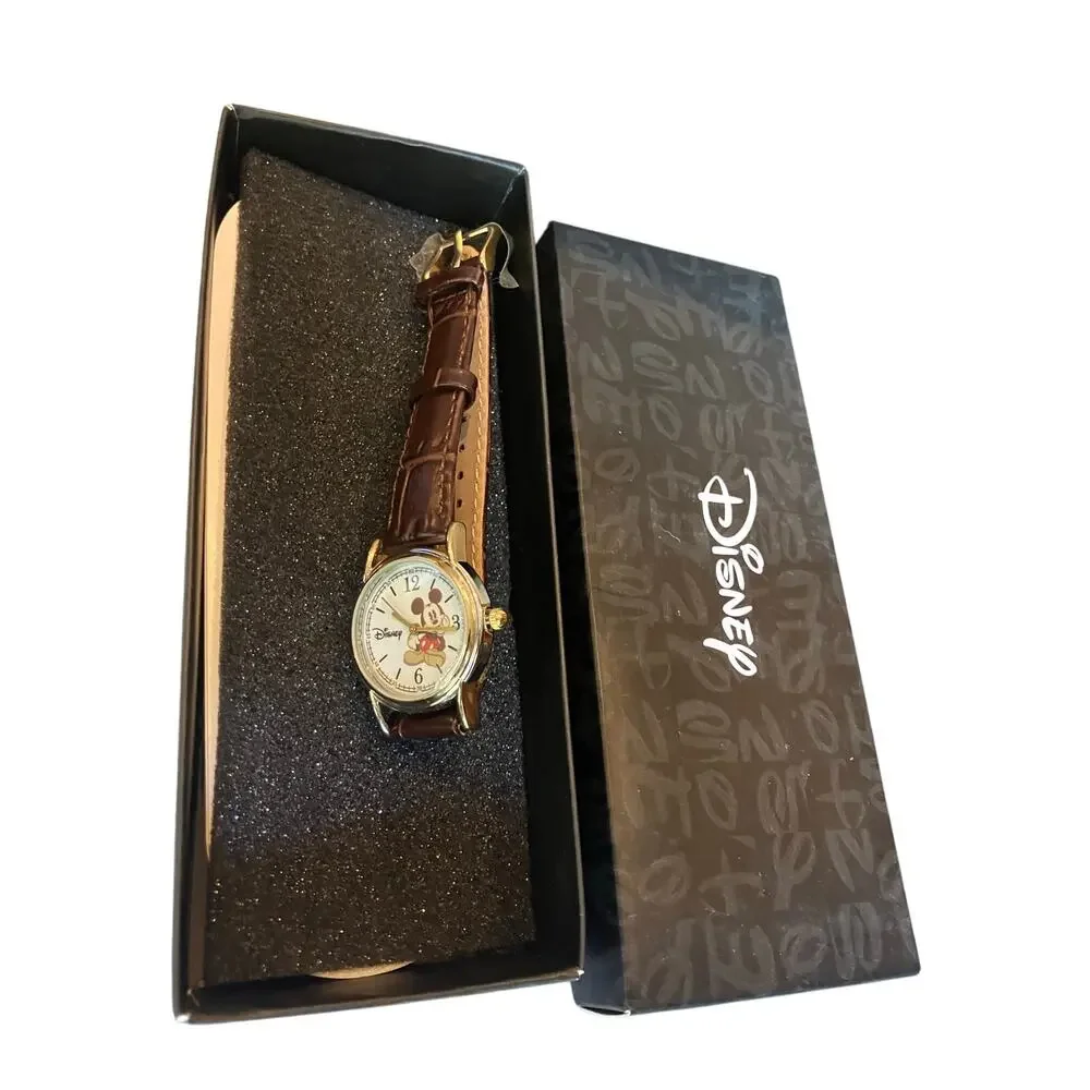 Mickey Mouse Watch, Disney, Analog, Silver Tone, Brown Leather Band, New w/o Tag
